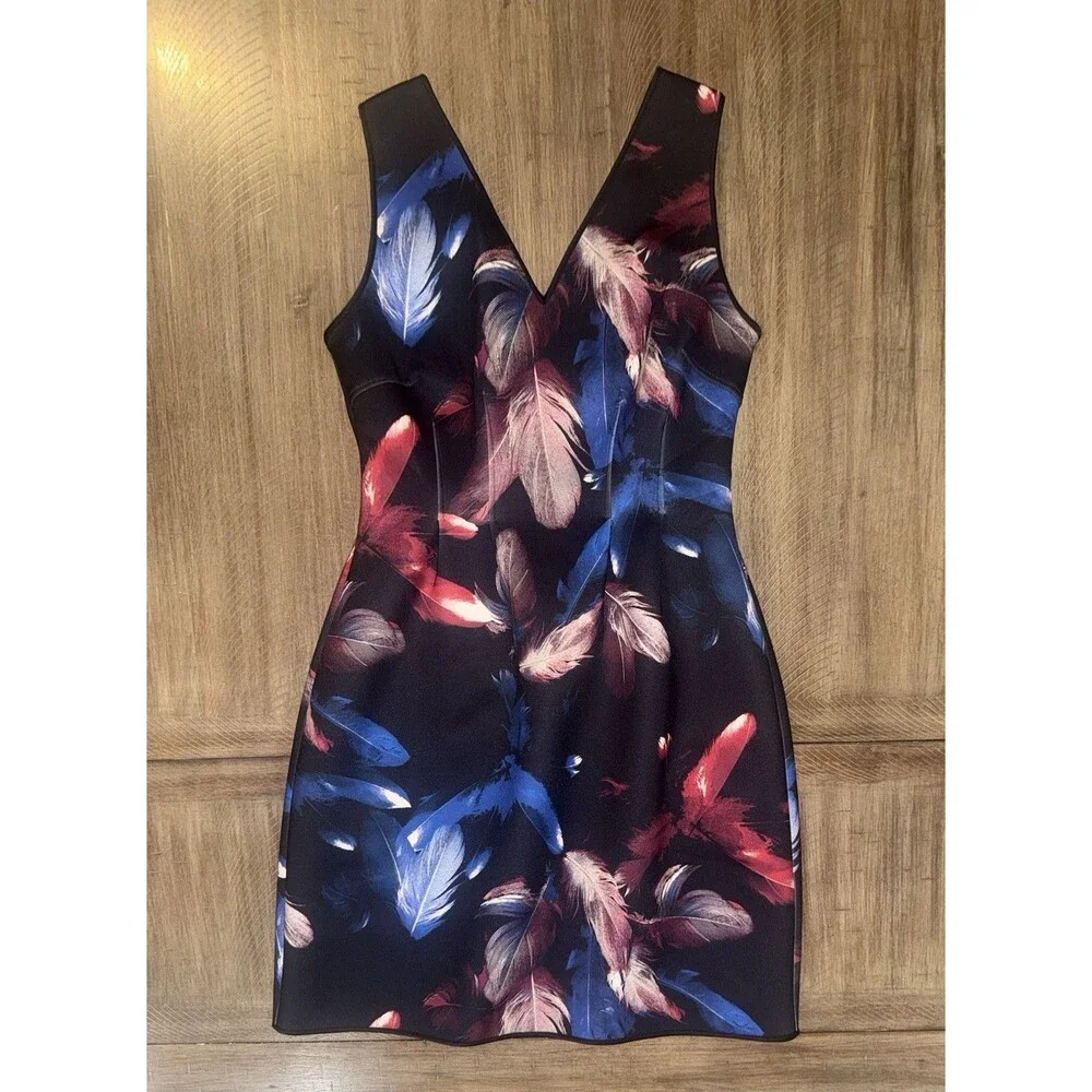 WHBM White House Black Market Dress Black Feather Print Scuba Mini Dress Size 6 - Picture 12 of 13